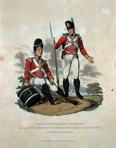 Grenadiers en lichte infanterie van het 29e of Worcestershire Regiment of Infantry in dienst thuis, uit 
