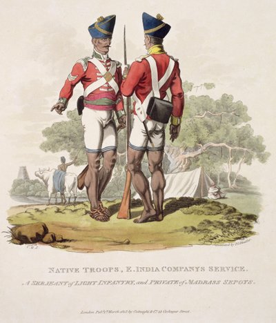 Inheemse Troepen in Dienst van de Oost-Indische Compagnie: een Sergeant van de Lichte Infanterie en een Soldaat van de Madras Sepoys, gegraveerd door Joseph Constantine Stadler, 1815 (aquatint) door Charles Hamilton Smith
