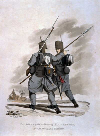 Soldaten van het 1e Regiment van de Foot Guards in marsorde, uit 