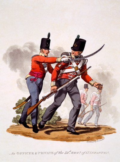 Uniform van officier en soldaat van het 52e regiment lichte infanterie, gegraveerd door Joseph Constantine Stadler door Charles Hamilton Smith