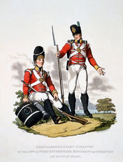 Uniform van de grenadiers en lichte infanterie van het 20e of Worcestershire Regiment door Charles Hamilton Smith