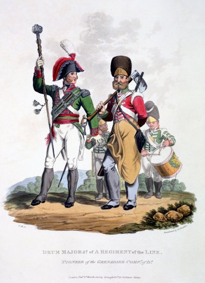 Uniformen van een tamboer-majoor van een regiment van de linie - pionier van de grenadiercompagnie, uit 