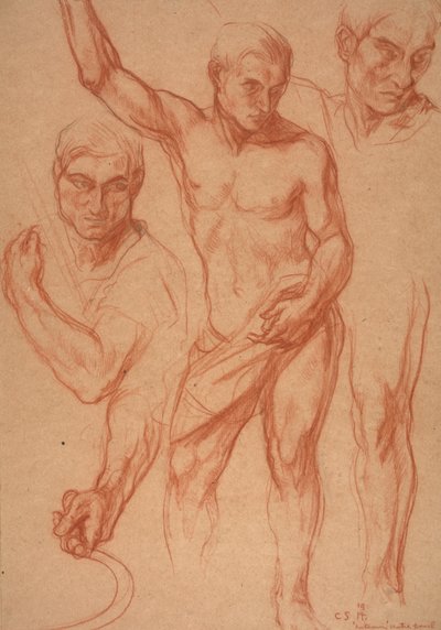 Studie van mannelijke figuur met herstudies van hoofd, armen, schouder en been (schetsen voor middenpaneel van "Herfst"), 8 april door Charles Haslewood Shannon