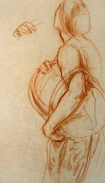 Studie van een vrouw met een mand voor 
