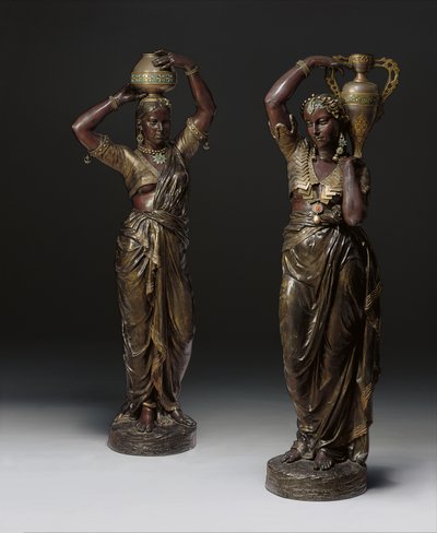 Twee bronzen fakkeldragers in de vorm van Indiase vrouwen die vazen dragen, 1862-1865 door Charles Henri Joseph Cordier