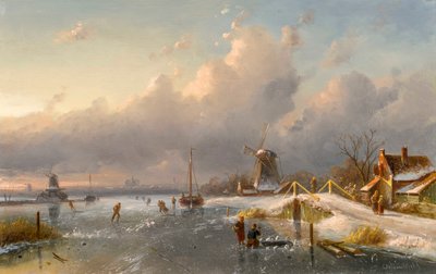 Een winterlandschap met molens en schaatsers op een bevroren waterweg, 1840s-50s door Charles Henri Joseph Leickert