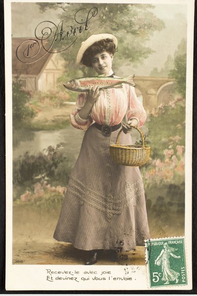 Oude ansichtkaart/Aprilvis/Vrouw van de Belle Epoque door Augustus Kollner