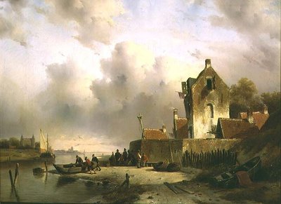 Een estuarium met vissers bij een kade door Charles Henri Joseph Lieckert