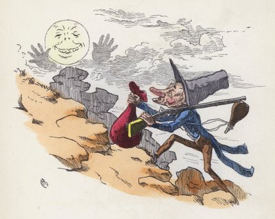 Man die een heuvel beklimt om op de Maan te schieten (gekleurde gravure) door Charles Henry (after) Bennett