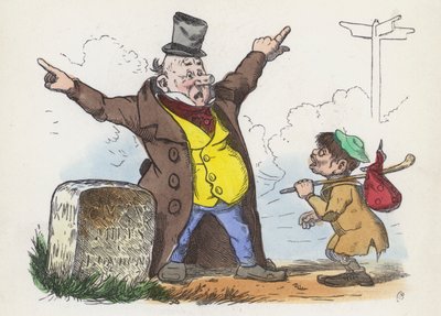 Man die verwarrende aanwijzingen geeft aan een reiziger op weg naar Londen door Charles Henry (after) Bennett