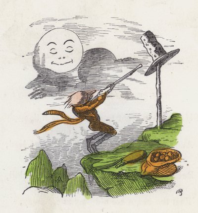 Man die op zijn hoed schiet uit frustratie omdat hij de Maan niet kan raken (gekleurde gravure) door Charles Henry (after) Bennett