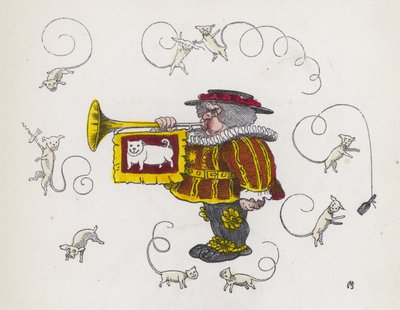 Stadsomroeper die op een trompet blaast, omringd door krulstaartige honden door Charles Henry (after) Bennett