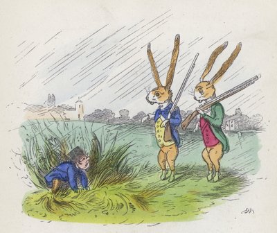 Twee antropomorfe konijnen op jacht (gekleurde gravure) door Charles Henry (after) Bennett