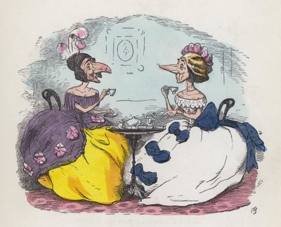 Twee vrouwen met grote neuzen die thee drinken door Charles Henry (after) Bennett