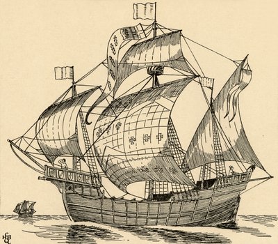 Een schip uit de tijd van Christoffel Columbus, 1931 door Charles Henry Bourne Quennell