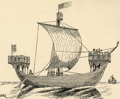 Een schip uit de tijd van Edward I, gebaseerd op het Dover-zegel, 1284, 1931 door Charles Henry Bourne Quennell