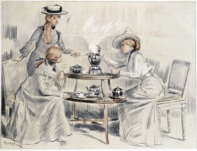 Dames die thee drinken rond een kleine samovar - tekening door Henri Tenré, ca. 1910 door Charles Henry Tenre
