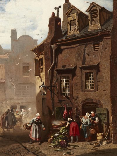 Duits: Markttreiben in einer mittelalterlichen Stadt Marktdag in een middeleeuwse stad door Charles Hoguet