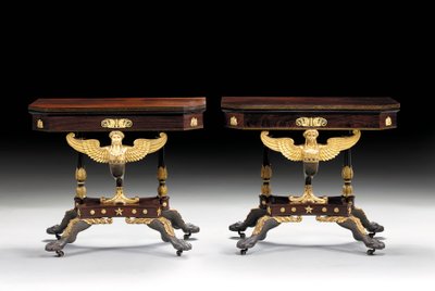 Twee klassieke gesneden kaarttafels, ca. 1815 door Charles Honore Lannuier