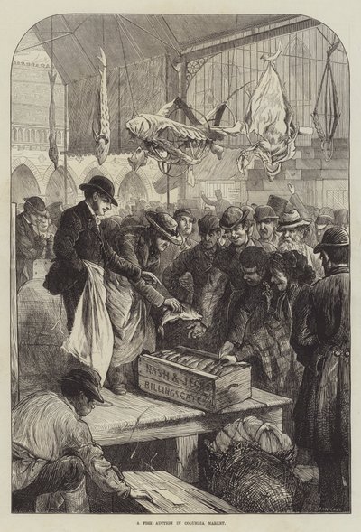 Een visveiling op Columbia Market door Charles J. (after) Staniland