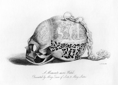 Memento-Mori horloge gepresenteerd door Mary Queen of Scots aan Mary Seaton, 16e eeuw, 1840 door Charles J. Smith