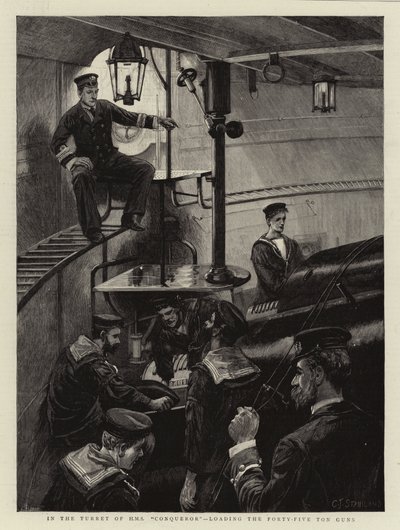 In de toren van HMS Conqueror, het laden van de vijfenveertig ton kanonnen door Charles J. Staniland