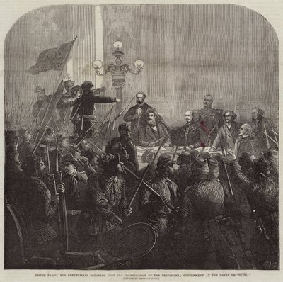 Binnen Parijs, Rode Republikeinen breken in de Raadskamer van de Voorlopige Regering in het Hotel De Ville door Charles J. Staniland