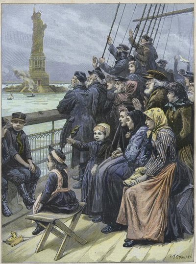Joodse immigranten arriveren in New York, VS in 1892 - Joodse vluchtelingen uit Rusland passeren het kolossale standbeeld in de haven van New York - gravure door Charles Joseph Staniland - 