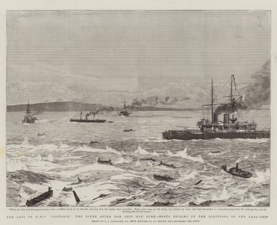 Het Verlies van HMS Victoria, de Scene na het Zinken van het Schip, Boten die de Overlevenden van het Vlaggenschip Oppikken door Charles J. Staniland
