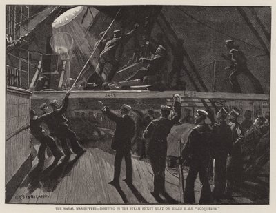 De marine-oefeningen, het hijsen van de stoomboot aan boord van HMS Conqueror door Charles J. Staniland