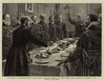De opening van het parlement, Yeomen van de lijfwacht van Hare Majesteit drinken de gezondheid van de koningin na het doorzoeken van de kelder van het parlement door Charles J. Staniland