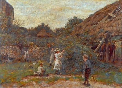 Scène op het boerenerf met kinderen die fruit plukken, 1901 door Charles James