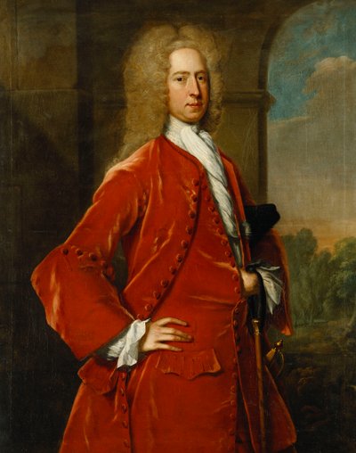 Portret van kolonel William Forward, M.P., driekwart lengte, in een rode jas en vest en witte kraag, bij een stenen boog, een landschap daarachter door Charles Jervas