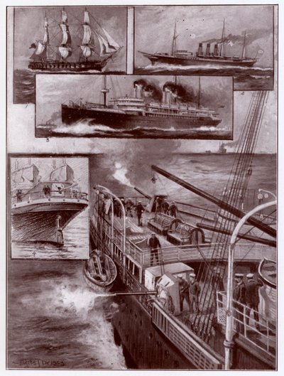 Gewapende koopvaardijschepen (litho) door Charles John de (after) Lacy
