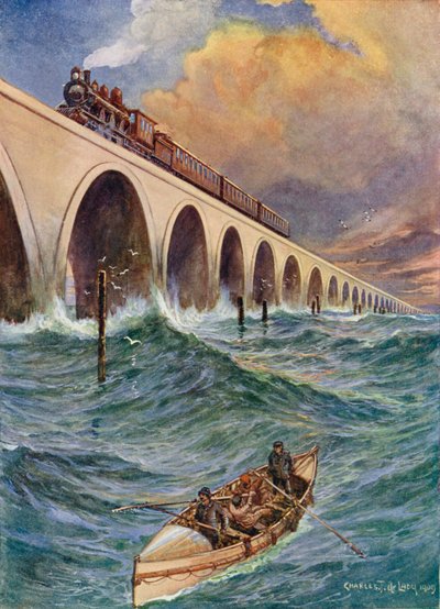 Een spoorweg door de zee, een trein die de Baai van Florida oversteekt door Charles John de Lacy