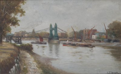 Hammersmith Brug - de huidige - na 1887 - gezien vanaf de Surrey oever door Charles John de Lacy