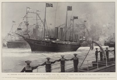 De kroningsvlootparade bij Spithead, 16 augustus, het jacht van Zijne Majesteit, de Victoria en Albert, met de koning aan boord, passeert door de lijnen door Charles John de Lacy