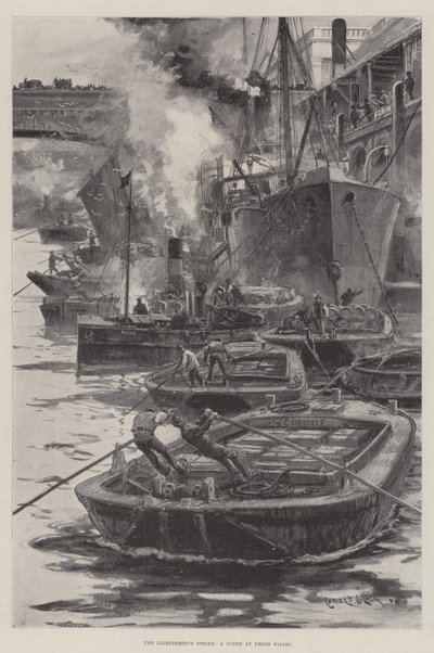 De staking van de lichters, een scène bij Fresh Wharf door Charles John de Lacy