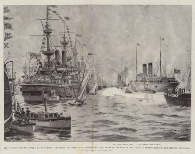 Het diamanten jubileum van de koningin, marine review, het Hogerhuis (op de Donau) en het Lagerhuis (op de Campania) passeren door de linies van ijzeren schepen door Charles John de Lacy