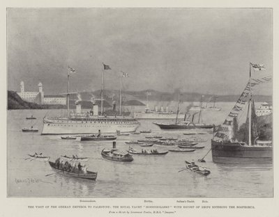 Het bezoek van de Duitse keizer aan Palestina, het koninklijke jacht Hohenzollern met escorte van schepen die de Bosporus binnenvaren door Charles John de Lacy