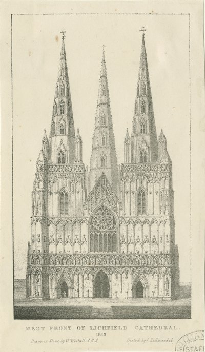 Lichfield Kathedraal - Westgevel: gravure door Charles Joseph Hullmandel