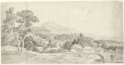 Landschap met een stad bij een brug door Charles Joseph Natoire (attributed to)
