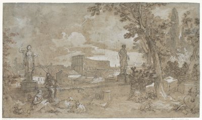 Gezicht op een gedeelte van de Farnesische Tuinen op de Palatijn te Rome door Charles Joseph Natoire