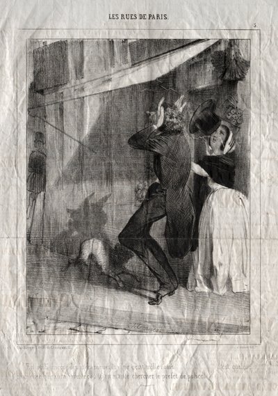 Les Rues de Paris: Daar gaan we weer met het mechanisme van vijfhonderdduizend namen... een of andere hoedenmaker zal dat hebben uitgevonden.  Of geef me de prefect van politie! door Charles Joseph Traviès de Villers
