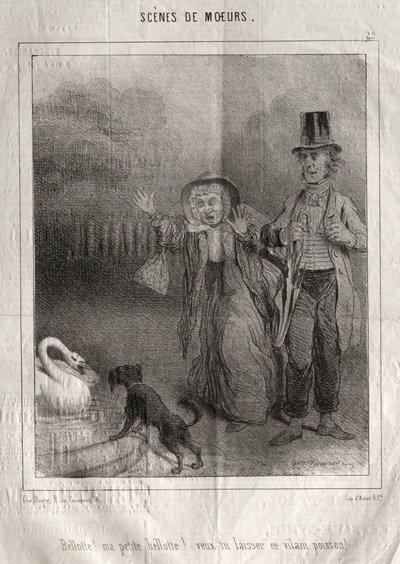 Scènes de moeurs: Bellotte! ma petite Bellote! veux-tu laisser ce vilain poisson! door Charles Joseph Traviès de Villers