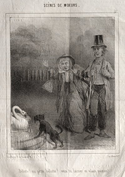 Scènes de moeurs: Bellotte! ma petite Bellote! veux-tu laisser ce vilain poisson! door Charles Joseph Traviès de Villers