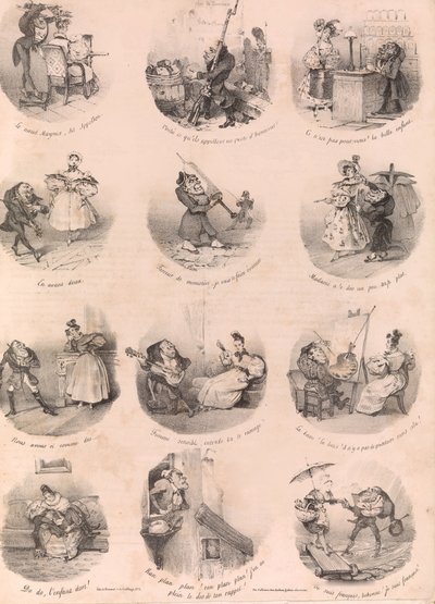 Twaalf satirische vignetten Le Charivari door Charles Joseph Traviès de Villers