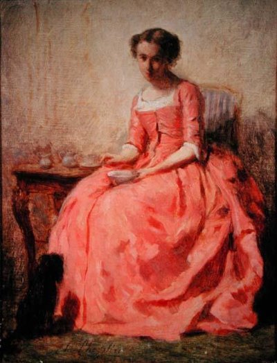 Meisje in een roze jurk aan een tafel door Charles Joshua Chaplin