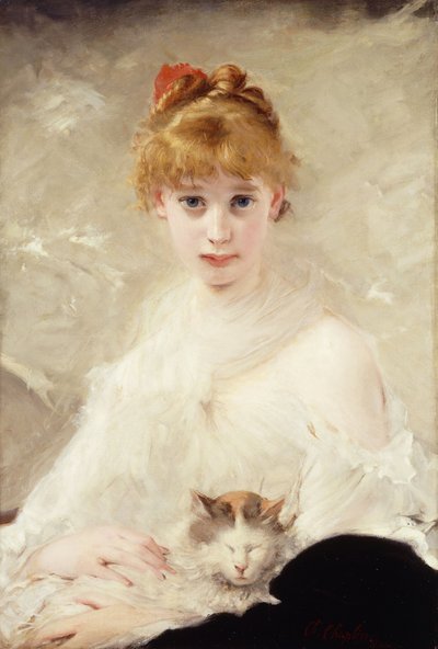 Jong meisje met kat; La Jeune Fille au Chat door Charles Joshua Chaplin