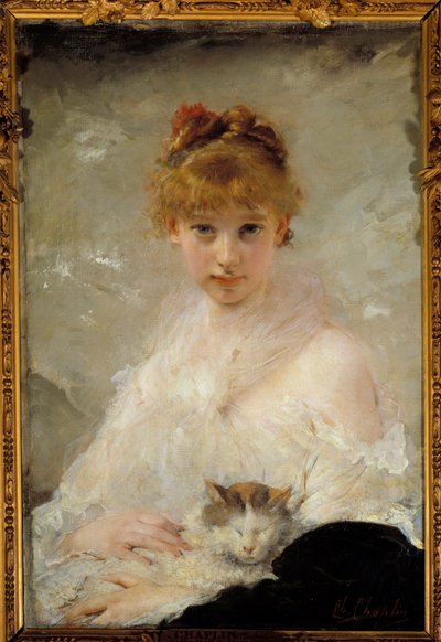 Jong meisje met kat door Charles Joshua Chaplin